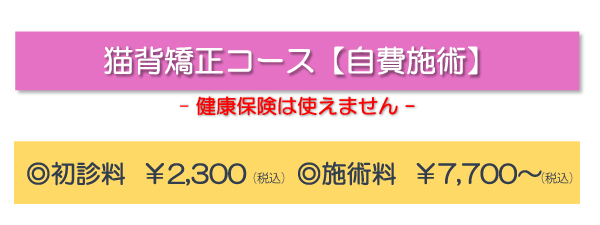 猫背矯正コース【自費施術】(健康保険は使えません)◎初診料¥2,300(税込) ◎施術料¥7,700(税込)~