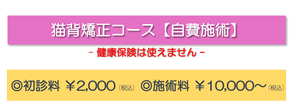猫背矯正コース【自費施術】(健康保険は使えません)◎初診料¥2,000(税込) ◎施術料¥10,000(税込)~